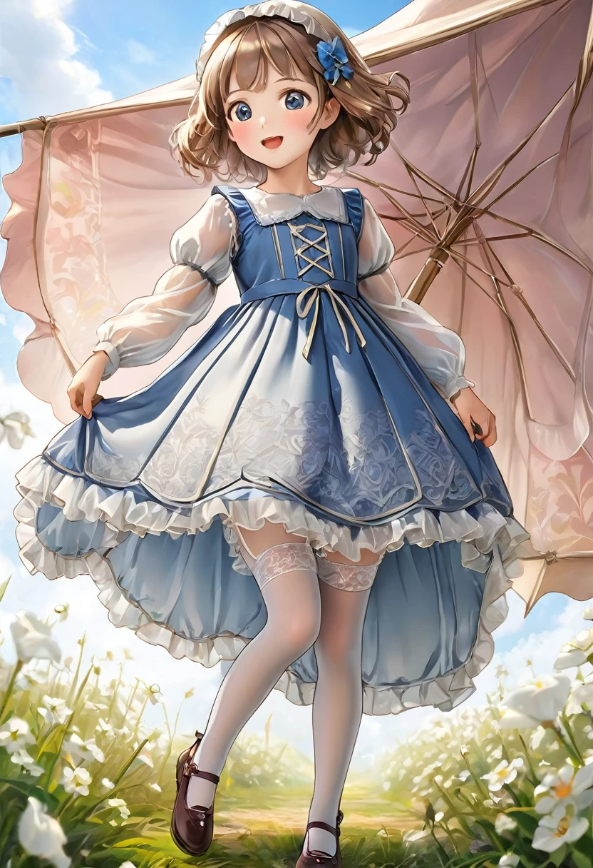 10 year old girl underwear, Realistic bloomers made from patterned cotton fabric, Medieval one-piece dress with panniers, Fabric Realism, Low - Angle, I see bloomers, Pull up the dress by hand, Strong winds, Translucent slip, Translucent slip, tights, Highest quality, Crotch close-up, whole body