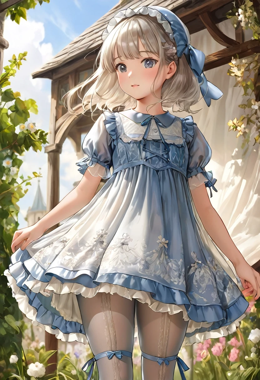  girl underwear, Realistic bloomers made from patterned cotton fabric, Medieval one-piece dress with panniers, Fabric Realism, Low - Angle, I see bloomers, Pull up the dress by hand, Strong winds, Translucent slip, Translucent slip, tights, Highest quality, Crotch close-up, whole body
