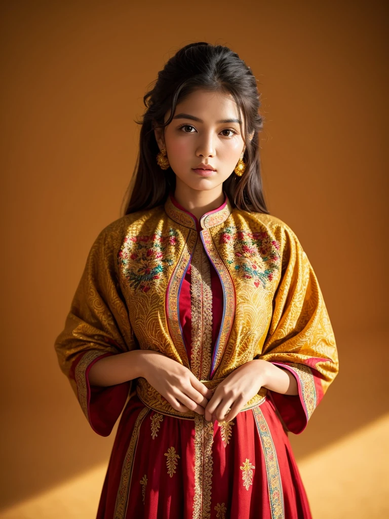 A stunning portrait of Teria Magar, dressed in her vibrant traditional Magar attire, standing confidently against a warm yellow-hued backdrop. Her intricate embroidered dress shines with a subtle sheen, the red and blue hues popping against the soft golden light. Her hands gently cradle the folds of her garment, as if embracing her cultural heritage. The framing showcases her elegant posture, the composition emphasizing the beauty of the dress and the subject's pride in her Magar roots.