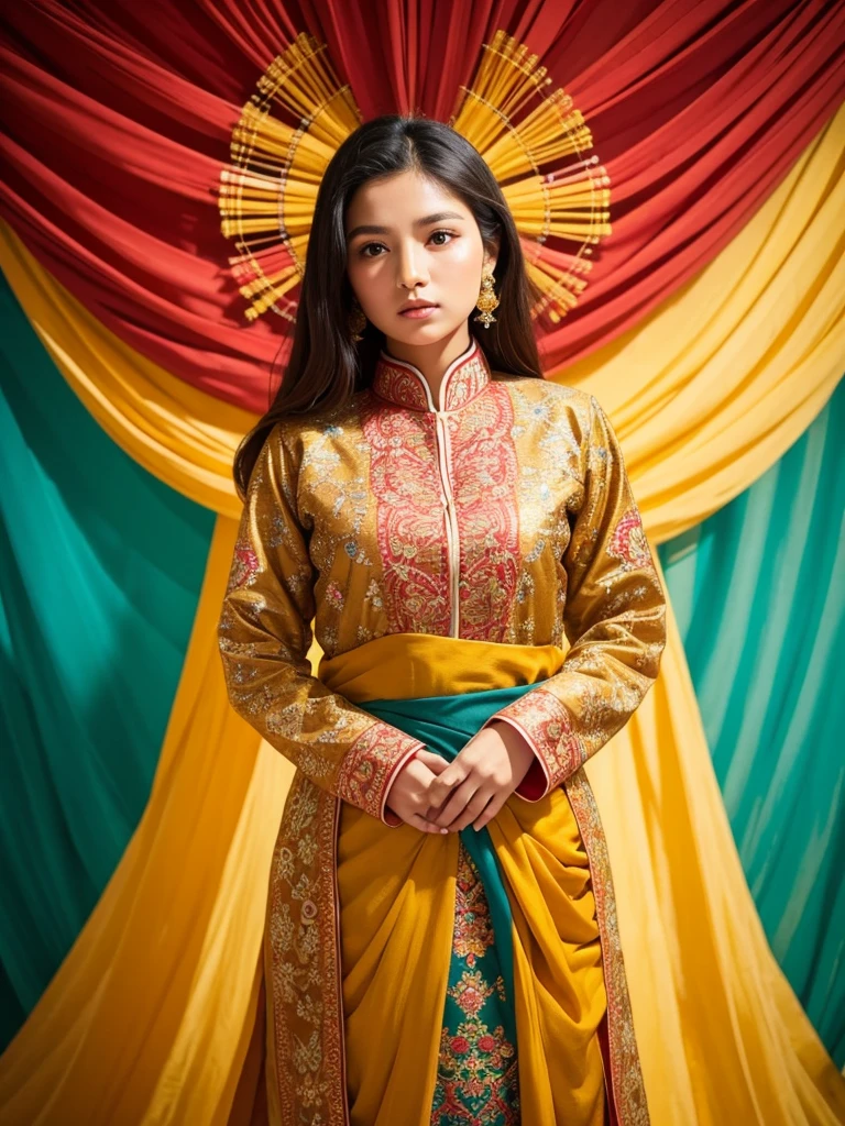 A stunning portrait of Teria Magar, dressed in her vibrant traditional Magar attire, standing confidently against a warm yellow-hued backdrop. Her intricate embroidered dress shines with a subtle sheen, the red and blue hues popping against the soft golden light. Her hands gently cradle the folds of her garment, as if embracing her cultural heritage. The framing showcases her elegant posture, the composition emphasizing the beauty of the dress and the subject's pride in her Magar roots.