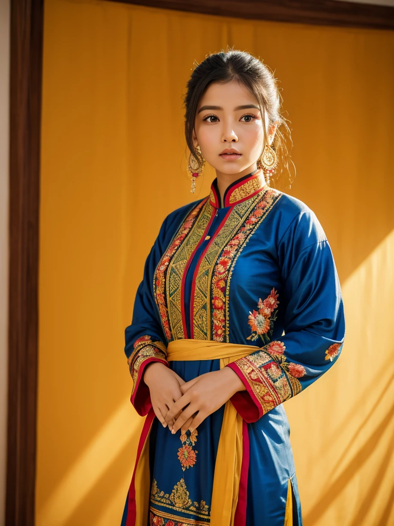 A stunning portrait of Teria Magar, dressed in her vibrant traditional Magar attire, standing confidently against a warm yellow-hued backdrop. Her intricate embroidered dress shines with a subtle sheen, the red and blue hues popping against the soft golden light. Her hands gently cradle the folds of her garment, as if embracing her cultural heritage. The framing showcases her elegant posture, the composition emphasizing the beauty of the dress and the subject's pride in her Magar roots.