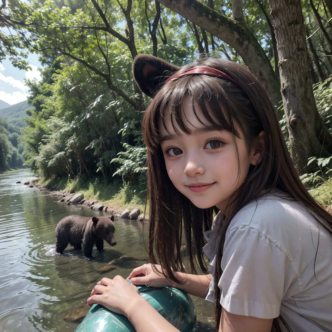 (Highest quality), A girl about , Smiling Kindly, In the woods, River side, Hut, Girl in a short grey dress, Ancient style, There are two live bear cubs on the shore., noon, Beautiful Landscape, No headgear, Girl playing with live bear cub