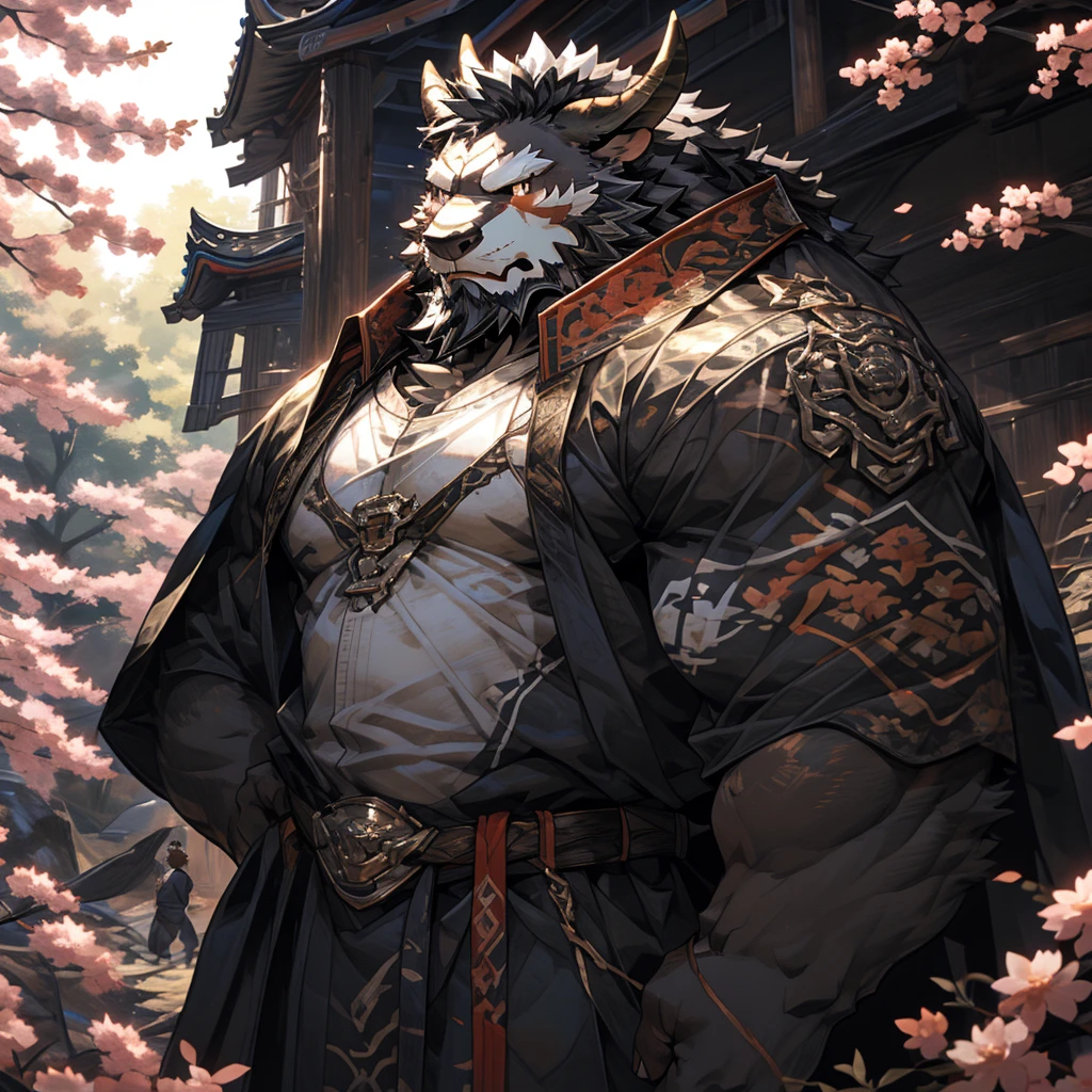 ox),(黑白阴阳General战袍),Holding a long sword,坚Strong姿态,Stand calmly,(The background is a dark forest with peach blossoms in full bloom.:1.2),abdominal muscles,Heroic Stance飒爽,完美的masterpiece,Various facial details,Perspective from a distance,specific description,masterpiece,CG,(Golden Eyes),Black and white pattern,Crimson Tail,General,Heroic Stance,ox,Gray fur,Specific facial details,Half Body,(黑白阴阳General战履),(Chang Ling),((middle aged)),(Face Focus),(16K),HD,White belly，wilderness,beard,(Noodle),Different students,(Black and white yin and yang shirt),(Black and white hair),Strong,muscle,(high resolution:1.3),(Standing in the depths of the desolate peach blossoms),(close up),(Delicate face:1.5),Perfect details,(Half Body),(Facial details:1.5),(Zoom in on the face:1.5),(白色Noodle:1.2),(黑色beard:1.3),(white face;1.6),White body