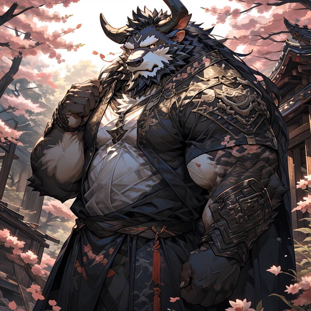 ox),(黑白阴阳General战袍),Holding a long sword,坚Strong姿态,Stand calmly,(The background is a dark forest with peach blossoms in full bloom.:1.2),abdominal muscles,Heroic Stance飒爽,完美的masterpiece,Various facial details,Perspective from a distance,specific description,masterpiece,CG,(Golden Eyes),Black and white pattern,Crimson Tail,General,Heroic Stance,ox,Gray fur,Specific facial details,Half Body,(黑白阴阳General战履),(Chang Ling),((middle aged)),(Face Focus),(16K),HD,White belly，wilderness,beard,(Noodle),Different students,(Black and white yin and yang shirt),(Black and white hair),Strong,muscle,(high resolution:1.3),(Standing in the depths of the desolate peach blossoms),(close up),(Delicate face:1.5),Perfect details,(Half Body),(Facial details:1.5),(Zoom in on the face:1.5),(白色Noodle:1.2),(黑色beard:1.3),(white face;1.6),White body