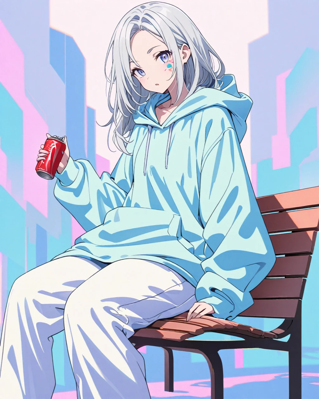 Generate an anime-style artwork of a young woman with long, silver hair, wearing an oversized hoodie and loose jeans. She has a relaxed expression and is sitting on a bench, holding a soda can. The background features a minimalist design with contrasting pastel colors. Emphasize the details in her facial features, hair, and clothing folds.