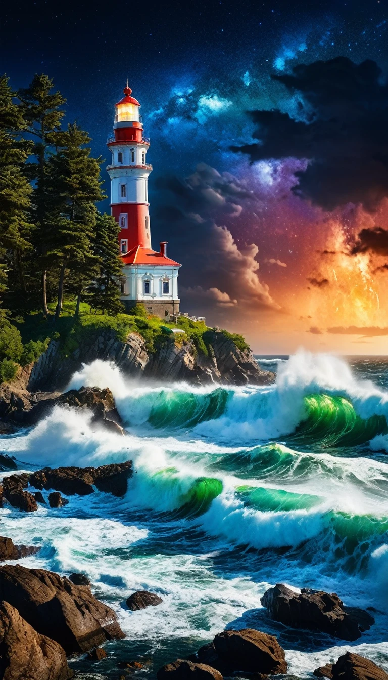 professional landscape photo , Ultra-realistic, rich color mega-realistic photo, bright colors, stormy sea + huge waves and splashes + lighthouse on a rocky shore and rare trees + night sky +Milky Way, detailed photograph , Wide-Scale Shot, hyperdetailing, a high resolution, @Mariya, high detail, 32k, Nikon d800 photo, f/19, 1/250 p. (in Russian), 30 mm lens, f/2.8, ISO 100