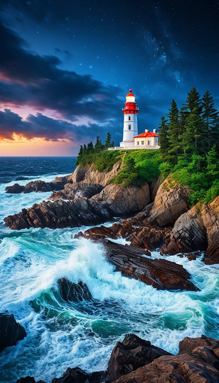 professional landscape photo , Ultra-realistic, rich color mega-realistic photo, bright colors, stormy sea + huge waves and splashes + lighthouse on a rocky shore and rare trees + night sky +Milky Way, detailed photograph , Wide-Scale Shot, hyperdetailing, a high resolution, @Mariya, high detail, 32k, Nikon d800 photo, f/19, 1/250 p. (in Russian), 30 mm lens, f/2.8, ISO 100