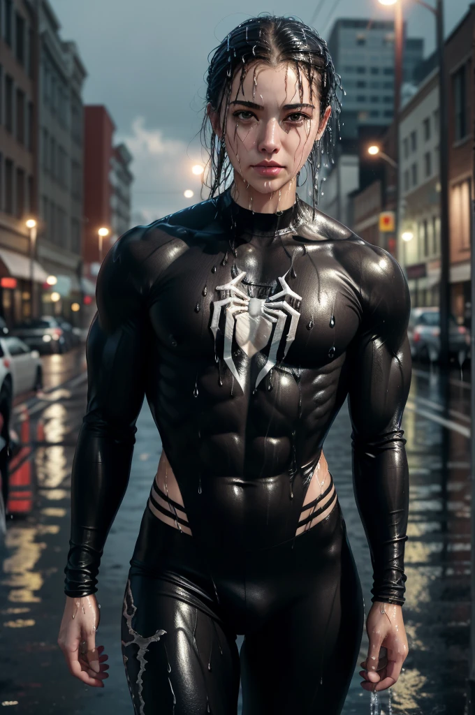 masterpiece, best quality:1.3, ((muscular:1.4)) ((2 girls:1.4)), big biceps, beautiful , sexy,(digital painting:1.2), muscular man in black spiderman costume,shiny tight suit,facing camera, standing on a building, perfect body, urban background, the best masterpiece, very high detail, realistic, 8k, photorealistic, (rain:1.3), soaked clothes, (wet skin:1.4), wet, (smile:0.5), (detailed faces:1.4), (freckles:0.6)