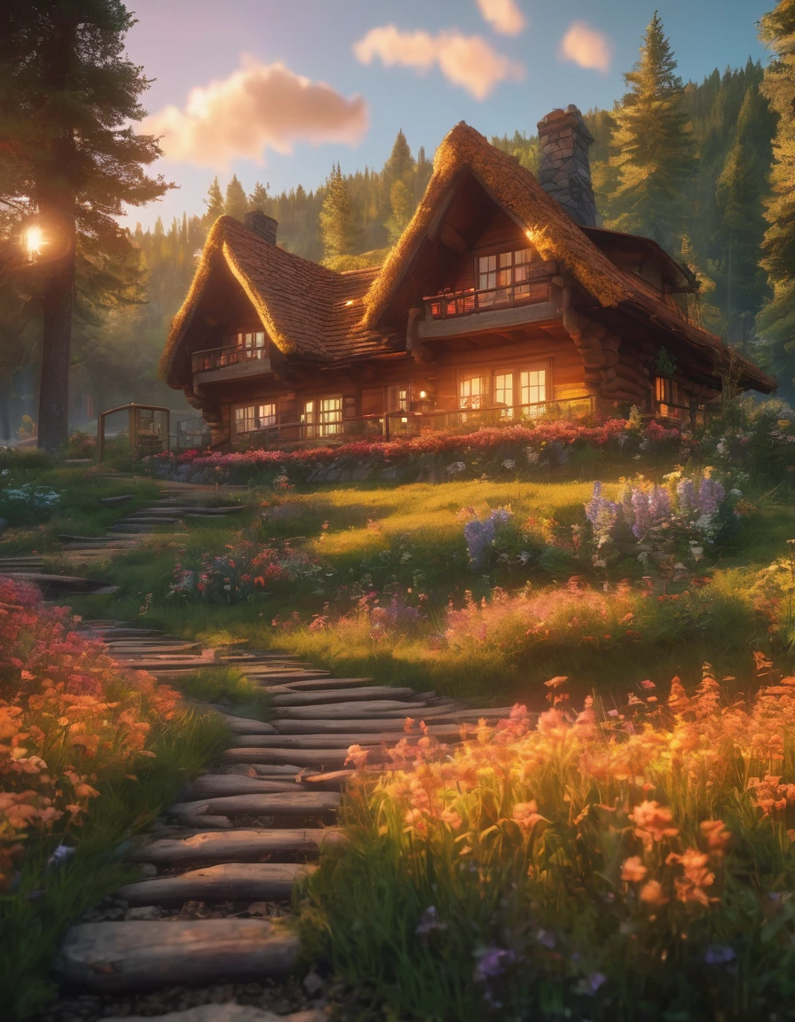 ground shot of Hyperrealistic digital image of a charming flowery varnished logs made cottage nestled in the woods,pathway,meadows,and far hills,burning clouds in a gradient orange yellow sky,niji anime style,hyper-maximalism,raw photography,ultra-detailed photorealistic textures,artistic bokeh,beautiful lighting,hyper-detailed,sharp focus,unreal engine,WLOP,HDR,8k,vray