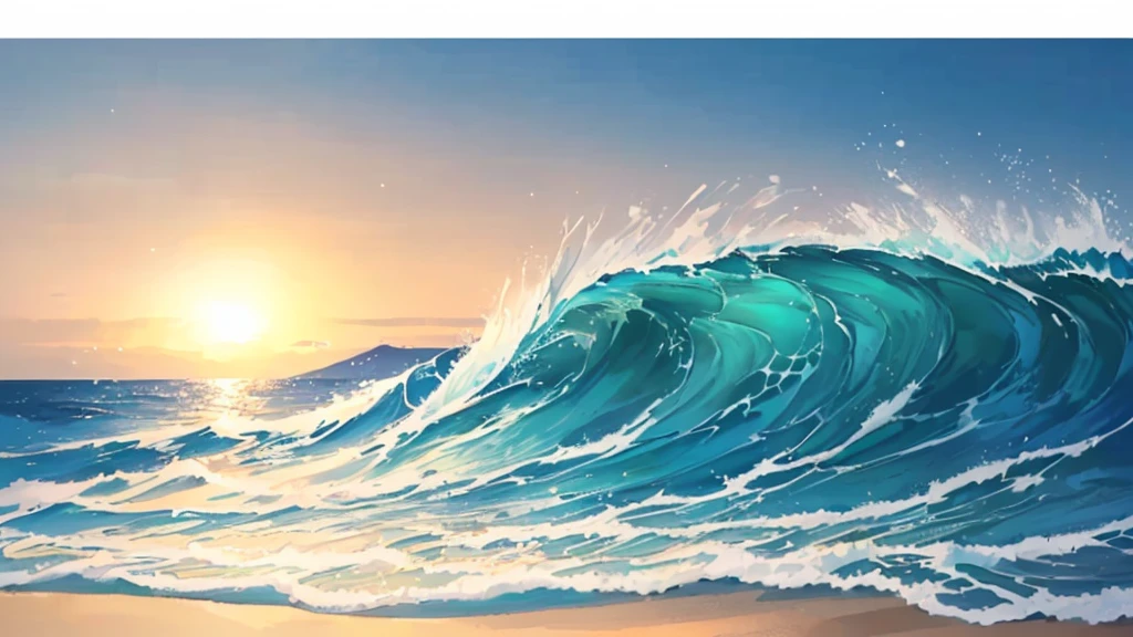 An illustration、Waves hitting the sand、water surface、Sea surface、the waves are beautiful、
