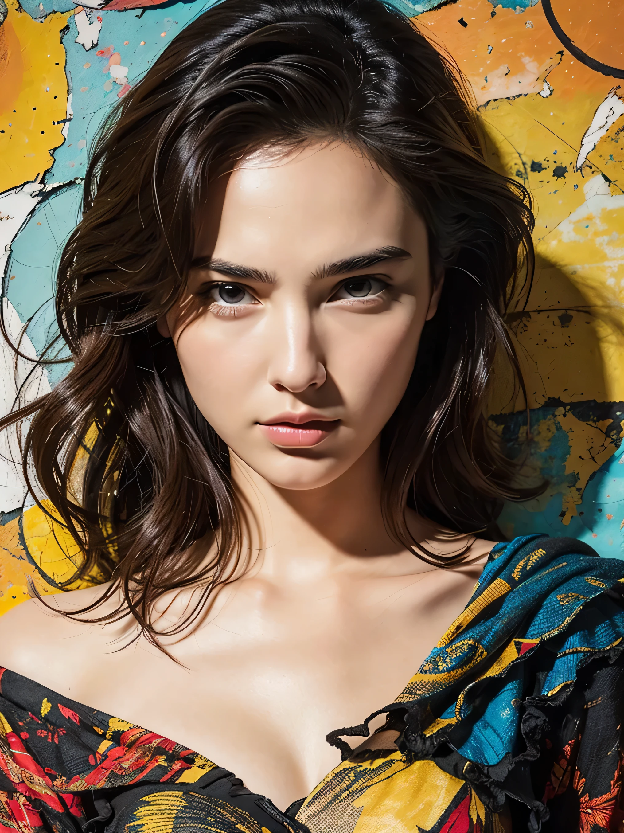 Gal Gadot's womanly form emerges from a richly textured, highly relieved analogue mixed media collage on canvas. In the style of contemporary and punk art, her beautiful face radiates with photorealistic precision. Expressionist brushstrokes swirl around her, imbuing her gaze with intensity. The composition is masterful, guiding the viewer's eye through intricate details that seem to leap from the surface. A true masterpiece, this work boasts spectacular quality in every aspect.
