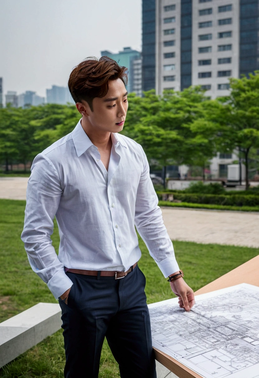 Park Seo Joon, Korea actor, full body, working as an engineer at high rise building, downtown, beyond the meadow, checking and examining architectural drawing, XF IQ4, 150MP, 50mm, ISO 1000, 1/250s, natural light, Adobe Lightroom, photolab, Affinity Photo, PhotoDirector 365.