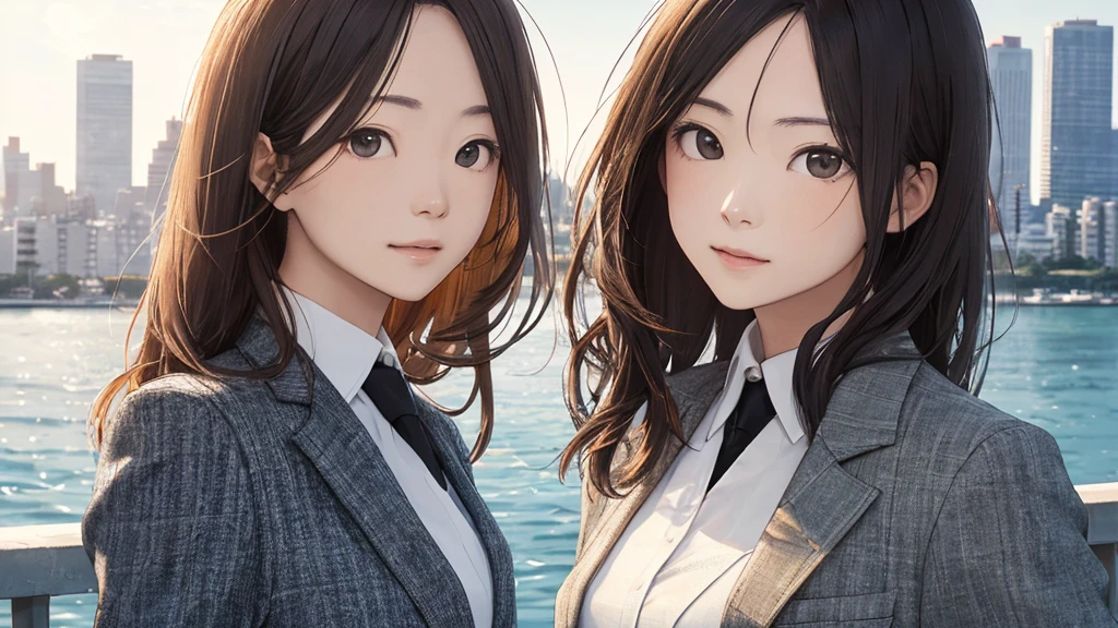 Shiraishi Mei, Looks exactly like Shiraishi Mei,Oceanの方を向いている後ろ姿、Woman looking up at the sky ,Long Hair,  Dark brown hair, Suit jacket、Blouse Photos, Realistic, Highest quality, Detailed face, The background is the cityscape of Japan、Strong sunlight, Ocean, Embankment, Detailed Background, Diffused sunlight, Written boundary depth, Bokeh (Highest quality: 1.2), (masterpiece: 1.2), Watch Viewer, one piece, White Theme, ,Vision、(((Panorama:1.2)))