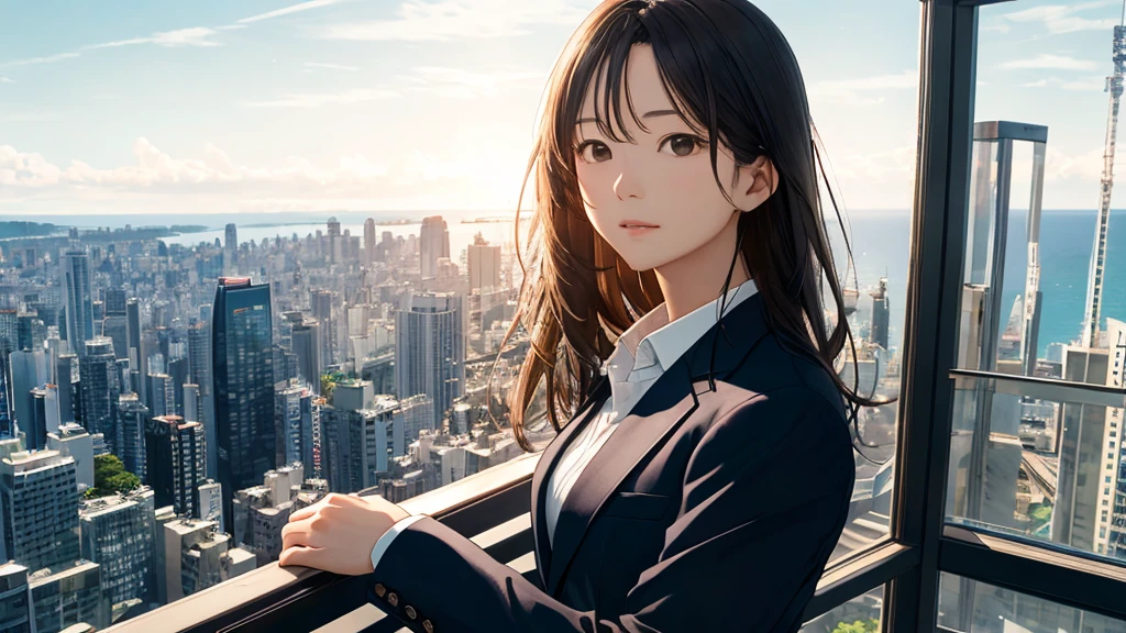Shiraishi Mei, Looks exactly like Shiraishi Mei,Oceanの方を向いている後ろ姿、Woman looking up at the sky ,Long Hair,  Dark brown hair, Suit jacket、Blouse Photos, Realistic, Highest quality, Detailed face, The background is the cityscape of Japan、Strong sunlight, Ocean, Embankment, Detailed Background, Diffused sunlight, Written boundary depth, Bokeh (Highest quality: 1.2), (masterpiece: 1.2), Watch Viewer, one piece, White Theme, ,Vision、(((Panorama:1.2)))