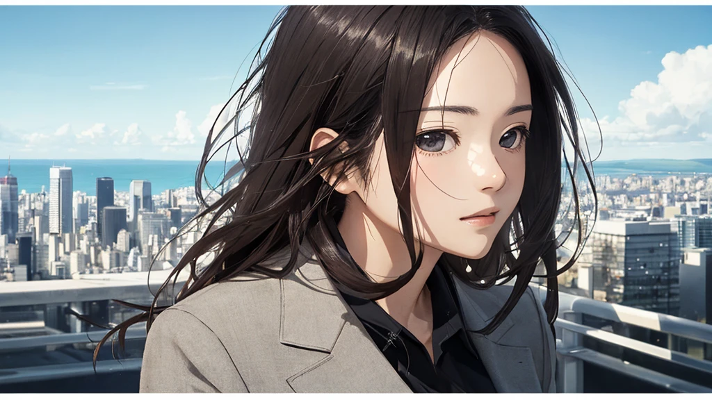 Shiraishi Mei, Looks exactly like Shiraishi Mei,Oceanの方を向いている後ろ姿、Woman looking up at the sky ,Long Hair,  Dark brown hair, Suit jacket、Blouse Photos, Realistic, Highest quality, Detailed face, The background is the cityscape of Japan、Strong sunlight, Ocean, Embankment, Detailed Background, Diffused sunlight, Written boundary depth, Bokeh (Highest quality: 1.2), (masterpiece: 1.2), Watch Viewer, one piece, White Theme, ,Vision、(((Panorama:1.2)))