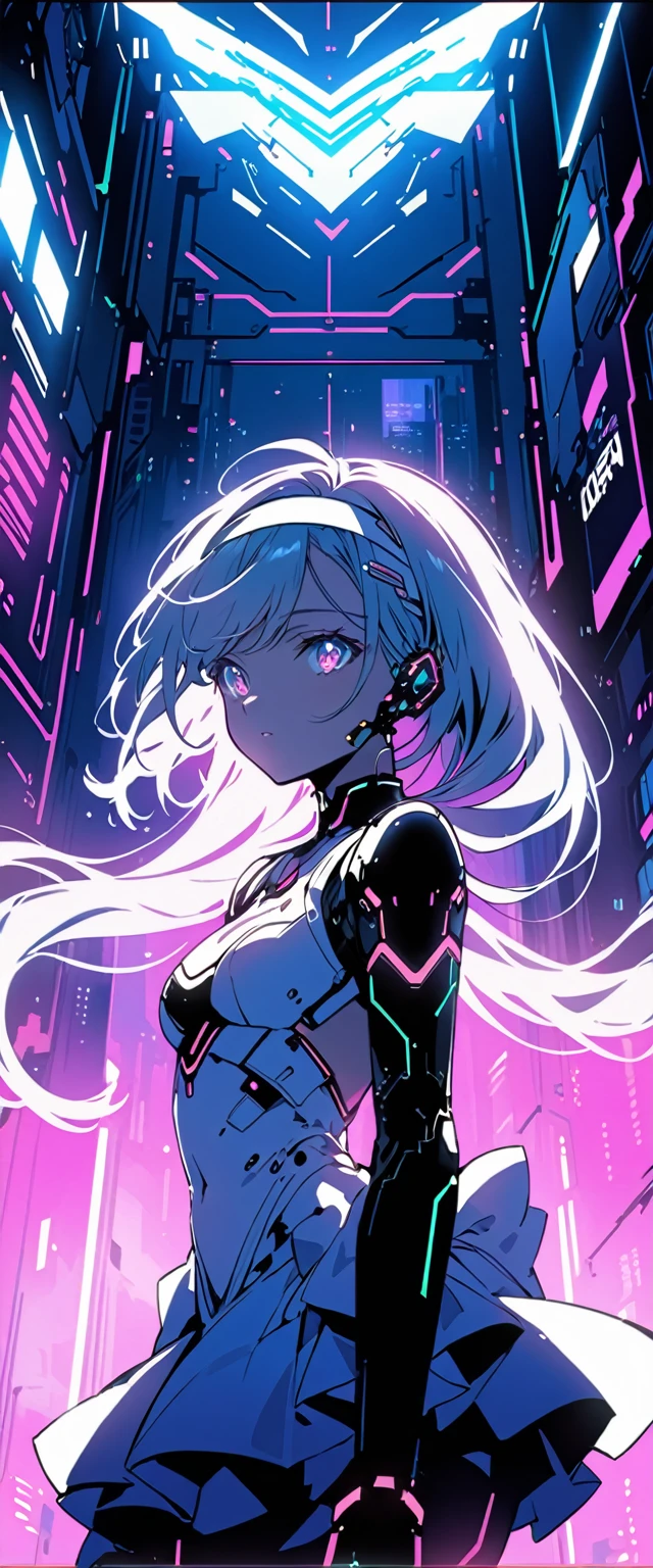Anime girl in a dress and headband standing in front of a building, (Very delicate and beautiful face), (Beautiful eyes in every detail),digital Cyberpunk anime art, Digital Cyberpunk - Anime Art, anime cyberpunk art, Cyberpunk Anime Girl, Cyberpunk Anime Girl mech, Anime Style 4k, Best Anime 4K, Cyber , Cyberpunk anime art, Portrait Anime Astronaut Girl, anime girl of the future, Dreamy Cyberpunk Girl