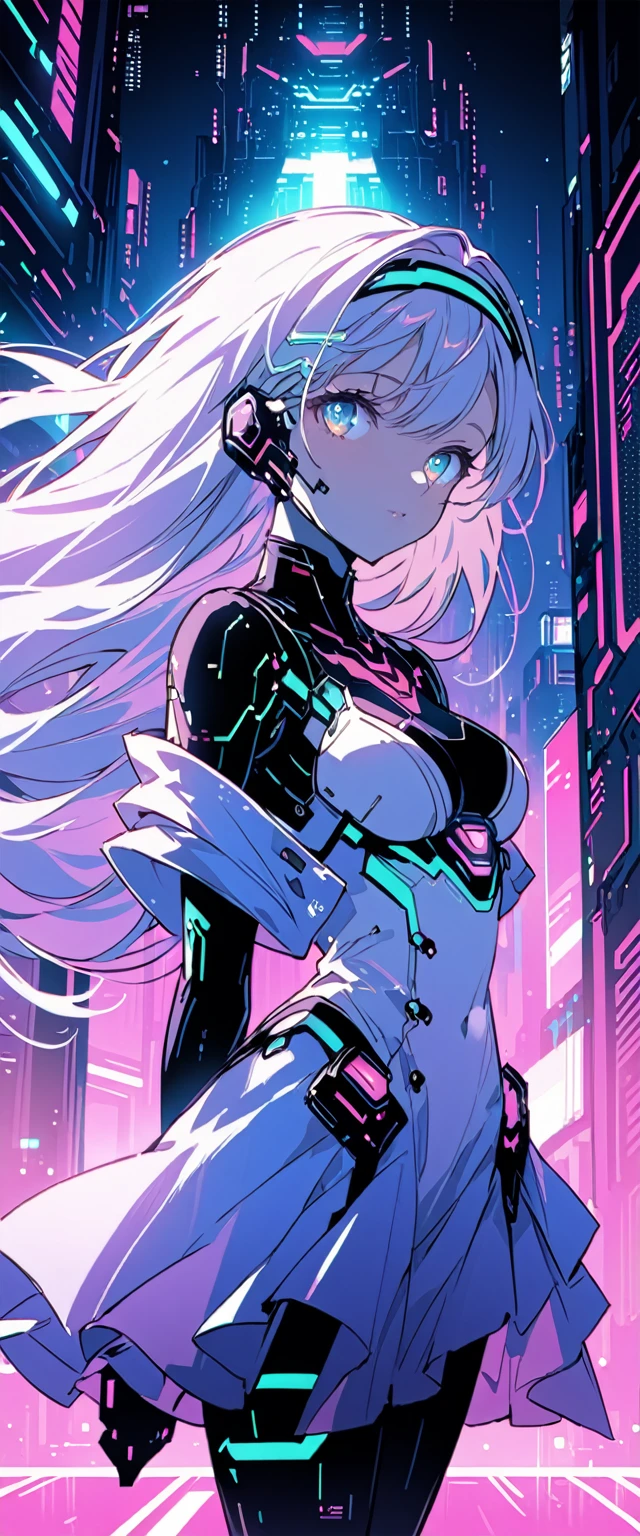 Anime girl in a dress and headband standing in front of a building, (Very delicate and beautiful face), (Beautiful eyes in every detail),digital Cyberpunk anime art, Digital Cyberpunk - Anime Art, anime cyberpunk art, Cyberpunk Anime Girl, Cyberpunk Anime Girl mech, Anime Style 4k, Best Anime 4K, Cyber , Cyberpunk anime art, Portrait Anime Astronaut Girl, anime girl of the future, Dreamy Cyberpunk Girl