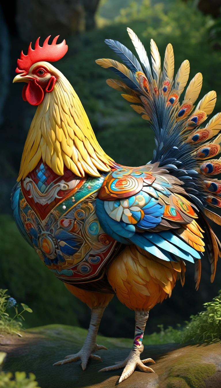 There is a bird on the mountain,Looks like a chicken,The body is covered with multicolored patterns,The pattern on its head is German,The pattern on the wings is a synonym,The pattern on the back is a ceremonial word,The pattern on the chest is the character of ren,The pattern on the stomach is letters(best quality,4K,8k,High level,masterpiece:1.2),Ultra Detailed,(lifelike,Photo real,Photo real:1.37),Highly detailed animals,Complex patterns,Realistic lighting,Fantasy Creatures