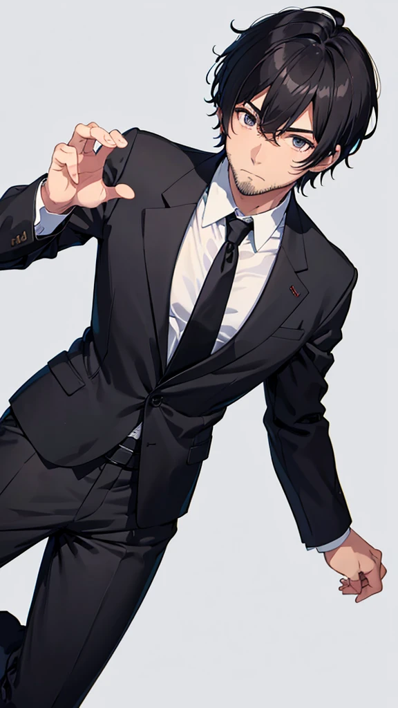 male、32 years old、less beard、Tired face、Glaring eyes、Long bangs with a 7:3 part、Shot from the thigh up、Are standing、looking at the camera、Black suit、Plain white background、Single、Japanese salaryman