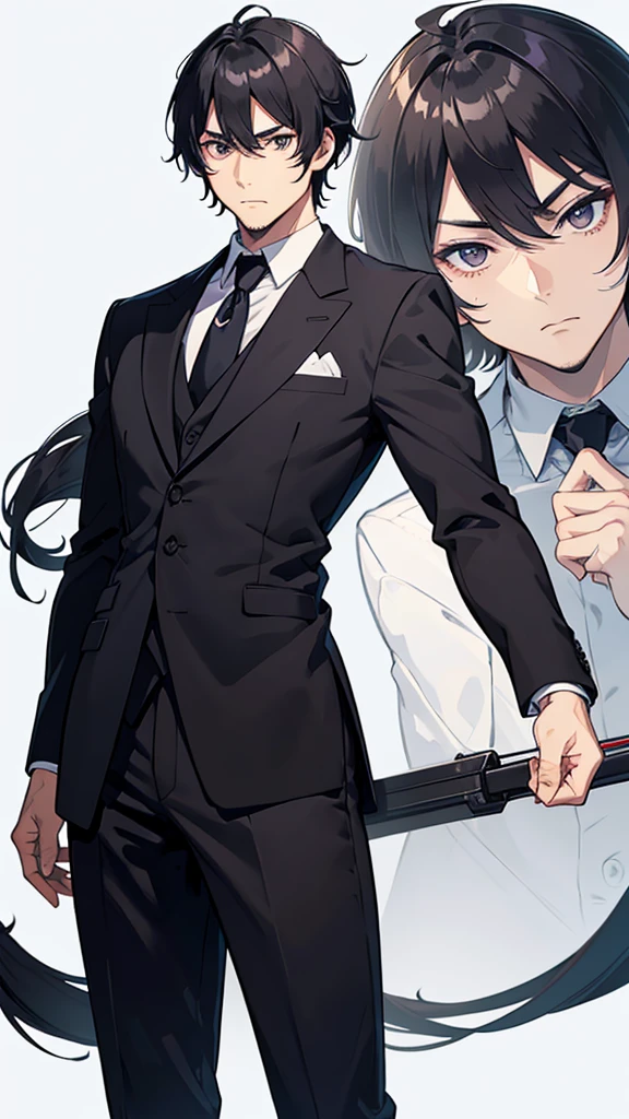 male、32 years old、less beard、Tired face、Glaring eyes、Long bangs with a 7:3 part、Shot from the thigh up、Are standing、looking at the camera、Black suit、Plain white background、Single、Japanese salaryman