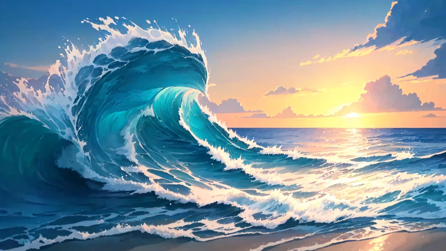 An illustration、Waves hitting the sand、water surface、Sea surface、the waves are beautiful、Fantasy、Sparkling