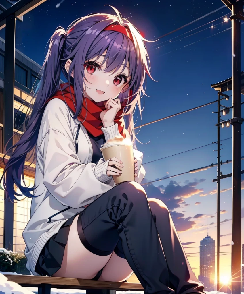 yuukikonno, Konno Yuuki, Long Hair, Pointed Ears, Purple Hair, (Red eyes:1.5), (Small breasts:1.2), Open your mouth,happy smile, smile, Open your mouth,hair band,low twin tail,Red Scarf,Oversized purple hoodie,Long skirt,Black pantyhose,short boots,Holding a paper cup of coffee in both hands,Sitting on a bench,snowが降っている,snowが降り積もっている,snow,snow,snow,snow,snowが積もった木,winter,Cold Sky,night,whole bodyがイラストに入るように,
break looking at viewer,  whole body,
break outdoors, garden,
break (masterpiece:1.2), Highest quality, High resolution, unity 8k wallpaper, (figure:0.8), (Beautiful attention to detail:1.6), Highly detailed face, Perfect lighting, Highly detailed CG, (Perfect hands, Perfect Anatomy),