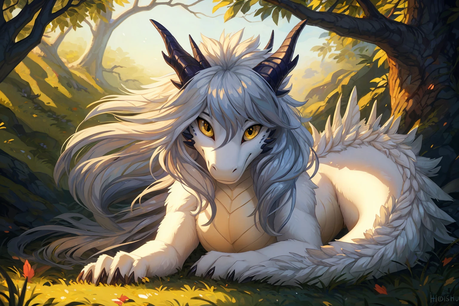 ultra-detailed, masterpiece, masterwork, high quality, best quality, hdr, posted on e621, (by hioshiru), nature, nsfw, female, (white little body dragon), hairy dragon, (long silver hair, yellow eyes, detailed eyes, white chubby body), lying, (nude), front view, dynamic angle