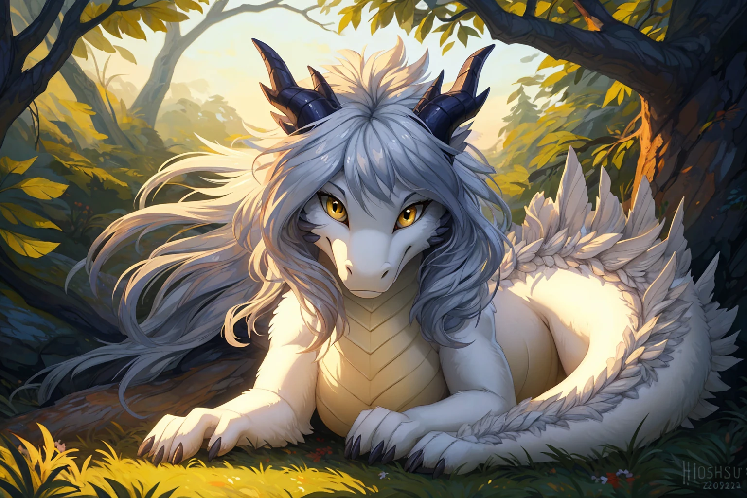 ultra-detailed, masterpiece, masterwork, high quality, best quality, hdr, posted on e621, (by hioshiru), nature, nsfw, female, (white little body dragon), hairy dragon, (long silver hair, yellow eyes, detailed eyes, white chubby body), lying, (nude), front view, dynamic angle