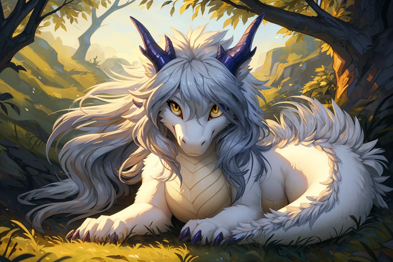ultra-detailed, masterpiece, masterwork, high quality, best quality, hdr, posted on e621, (by hioshiru), nature, nsfw, female, (white little body dragon), hairy dragon, (long silver hair, yellow eyes, detailed eyes, white chubby body), lying, (nude), front view, dynamic angle
