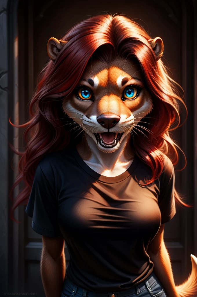 Furry, Female, otter, crazy look, long red hair, black T-Shirts, Jeans, high detailed eye,