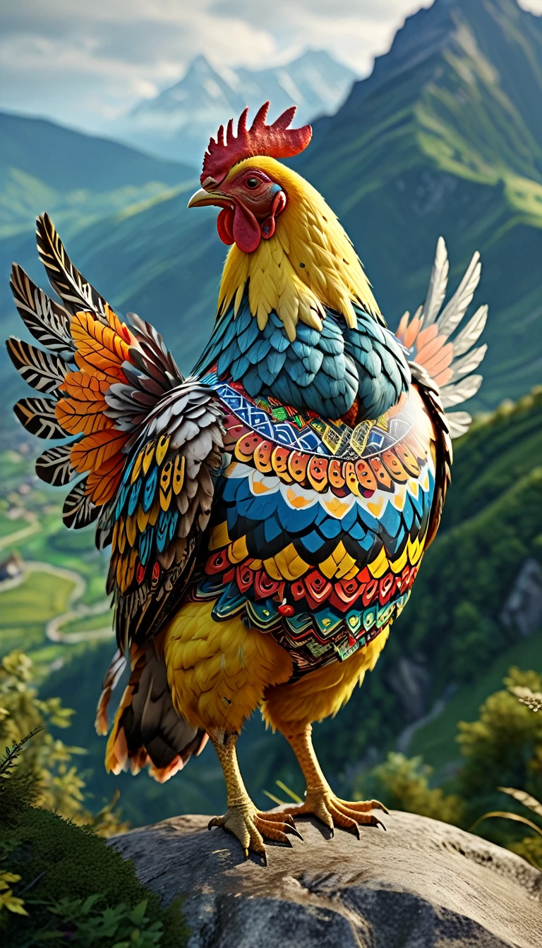 There is a bird on the mountain，Looks like a chicken，The body is covered with multicolored patterns，The pattern on its head is German，The pattern on the wings is a synonym，The pattern on the back is a ceremonial word，The pattern on the chest is the character of ren，The pattern on the stomach is letters(best quality，4K，8k，High level，masterpiece：1.2），Ultra Detailed，（lifelike，Photo real，Photo real：1.37），Highly detailed animals，Complex patterns，Realistic lighting，Fantasy Creatures