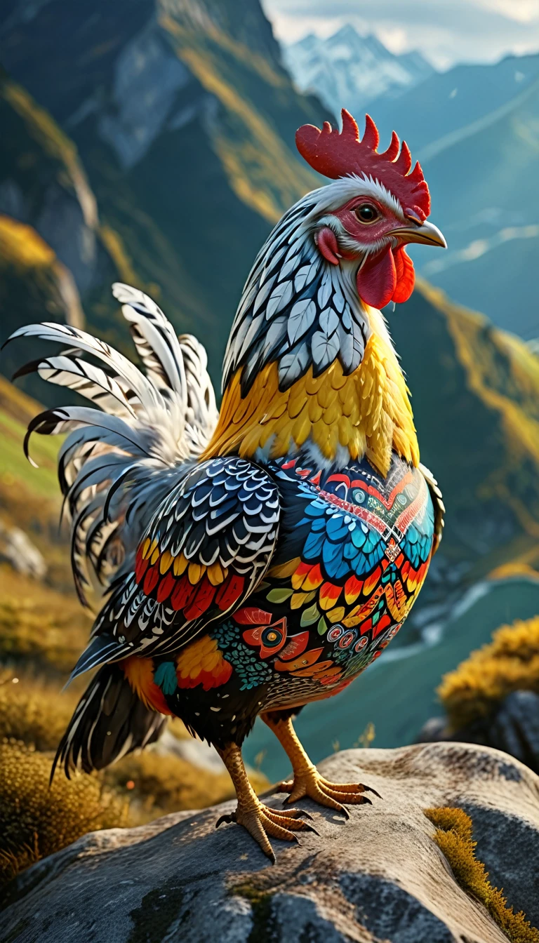 There is a bird on the mountain，Looks like a chicken，The body is covered with multicolored patterns，The pattern on its head is German，The pattern on the wings is a synonym，The pattern on the back is a ceremonial word，The pattern on the chest is the character of ren，The pattern on the stomach is letters(best quality，4K，8k，High level，masterpiece：1.2），Ultra Detailed，（lifelike，Photo real，Photo real：1.37），Highly detailed animals，Complex patterns，Realistic lighting，Fantasy Creatures