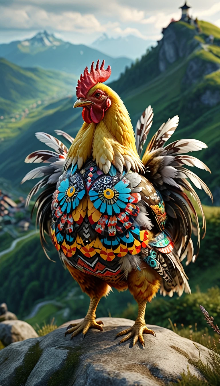There is a bird on the mountain,Looks like a chicken,The body is covered with multicolored patterns,The pattern on its head is German,The pattern on the wings is a synonym,The pattern on the back is a ceremonial word,The pattern on the chest is the character of ren,The pattern on the stomach is letters(best quality,4K,8k,High level,masterpiece:1.2),Ultra Detailed,(lifelike,Photo real,Photo real:1.37),Highly detailed animals,Complex patterns,Realistic lighting,Fantasy Creatures