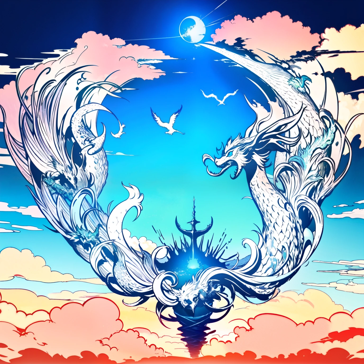 (Highest quality), ((masterpiece)), (Superior), original, Highly detailed CG Unity 8k wallpaper,
Blue is the main color,from the sea and dragons flying up through the clouds
 