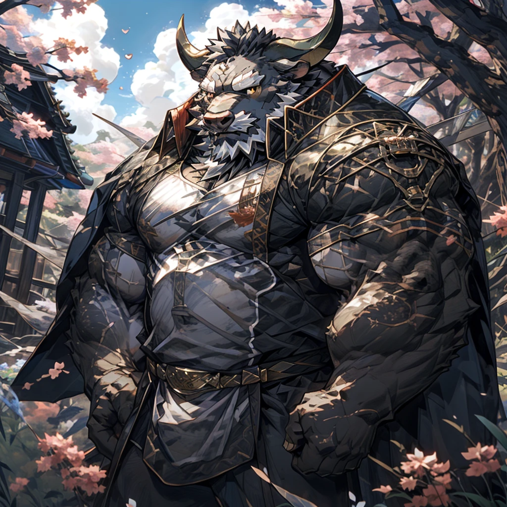 ox),(黑白阴阳General战袍),Holding a long sword,坚Strong姿态,Stand calmly,(The background is a dark forest with peach blossoms in full bloom.:1.2),abdominal muscles,Heroic Stance飒爽,完美的masterpiece,Various facial details,Perspective from a distance,specific description,masterpiece,CG,(Golden Eyes),Black and white pattern,Crimson Tail,General,Heroic Stance,ox,Gray fur,Specific facial details,Half Body,(黑白阴阳General战履),(Chang Ling),((middle aged)),(Face Focus),(16K),HD,White belly，wilderness,beard,(Noodle),Different students,(Black and white yin and yang shirt),(Black and white hair),Strong,muscle,(high resolution:1.3),(Standing in the depths of the desolate peach blossoms),(close up),(Delicate face:1.5),Perfect details,(Half Body),(Facial details:1.5),(Zoom in on the face:1.5),(白色Noodle:1.2),(黑色beard:1.3),(white face;1.6),White body