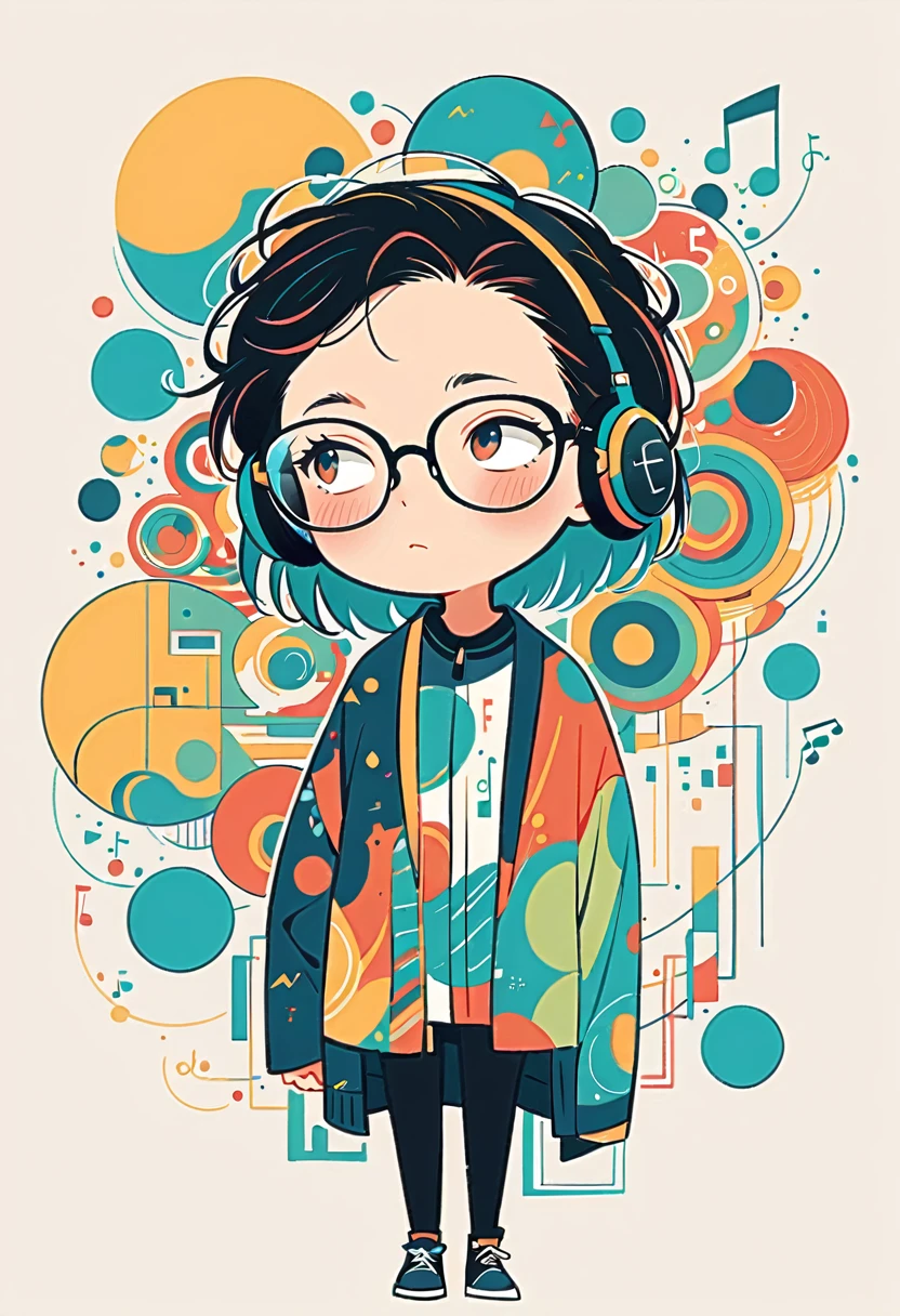 Watase Seizo style, Standing in front of a wall,Simple line initials,Abstract art,The World of Musical Notes, Wear headphones, Large black-rimmed glasses, (((The most beautiful men))), (((a bit)))