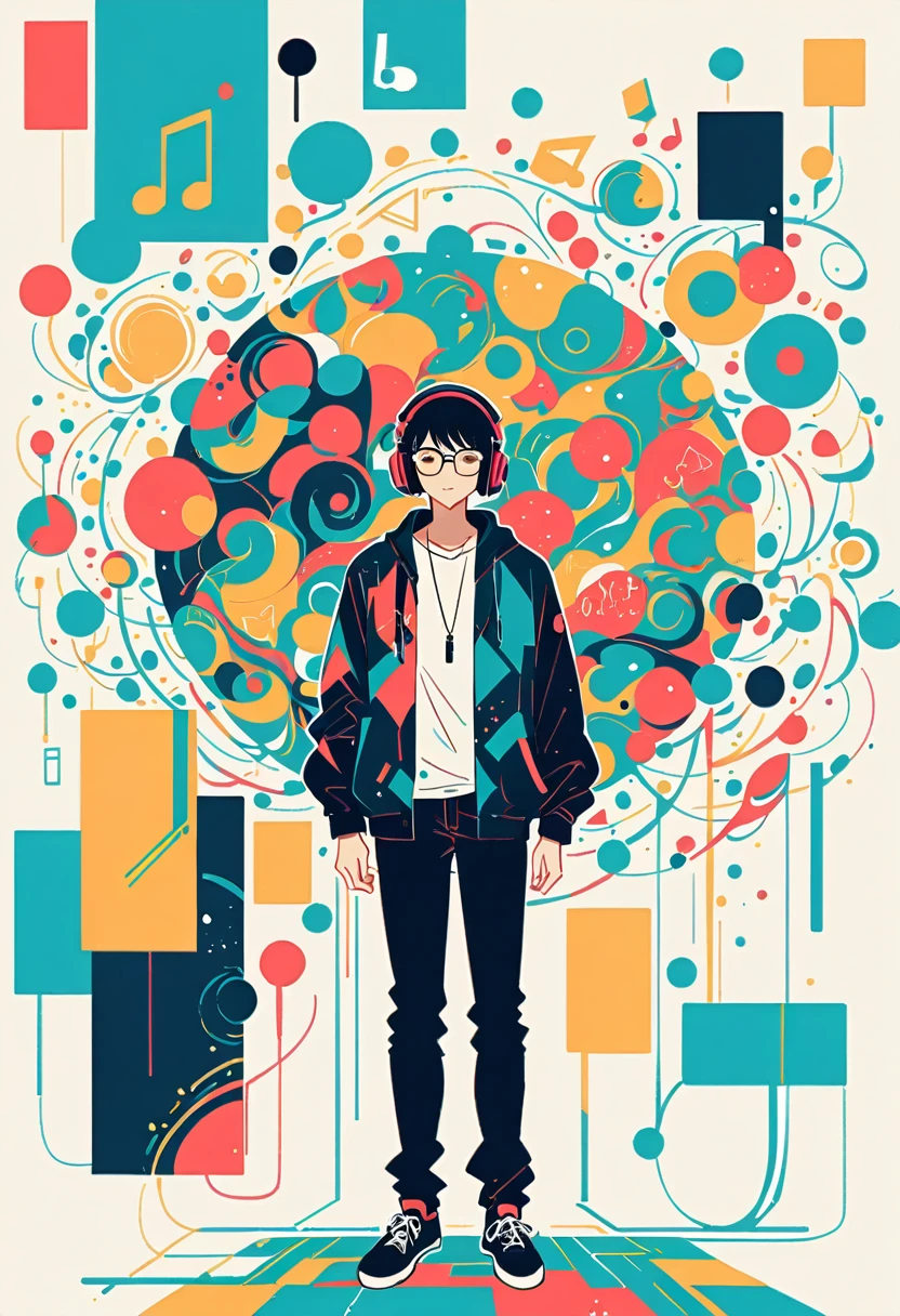 Watase Seizo style, Standing in front of a wall,Simple line initials,Abstract art,The World of Musical Notes, Wear headphones, Large black-rimmed glasses, (((The most beautiful men))), (((a bit)))