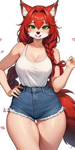 Beautiful round medium , 1 girl, ((Red hair, Beautiful long braid, braid decorated with petals)) ((wolf girl, Cute wolf furry ears)) clear green eyes, has a beautiful sensual body with freckles, with full breastsin waist, HIP HOP Beautiful and cute tank top, high waist jeans shorts, delicate woven women's belt, has a bold appearance. Youngh, 品質, realisitic, best 品質, cute expression, pink lipstick lips, cute smile, leaning, In the beautiful beautiful romantic room
