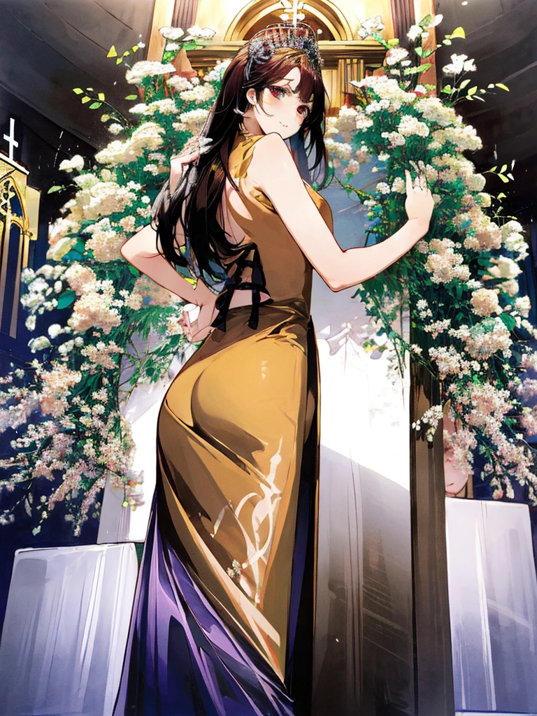 ((masterpiece))､((Highest Resolution))､((lonely japanese woman))､(Transparent white skin)､(((In the background is a large Roman church)))､(((Facing forward)))､I clasp my hands together and look up to the sky as if praying.､Depict the whole body､purple wedding dress､A dress with lots of lace､Gorgeous wedding dresses､expensive wedding dresses､Straight long hair､Ash&#39;s Hair､Wearing a shiny golden tiara､Wearing purple sheer lace wedding gloves､Narrow waist､A long lace stretches down the back､Large Breasts､