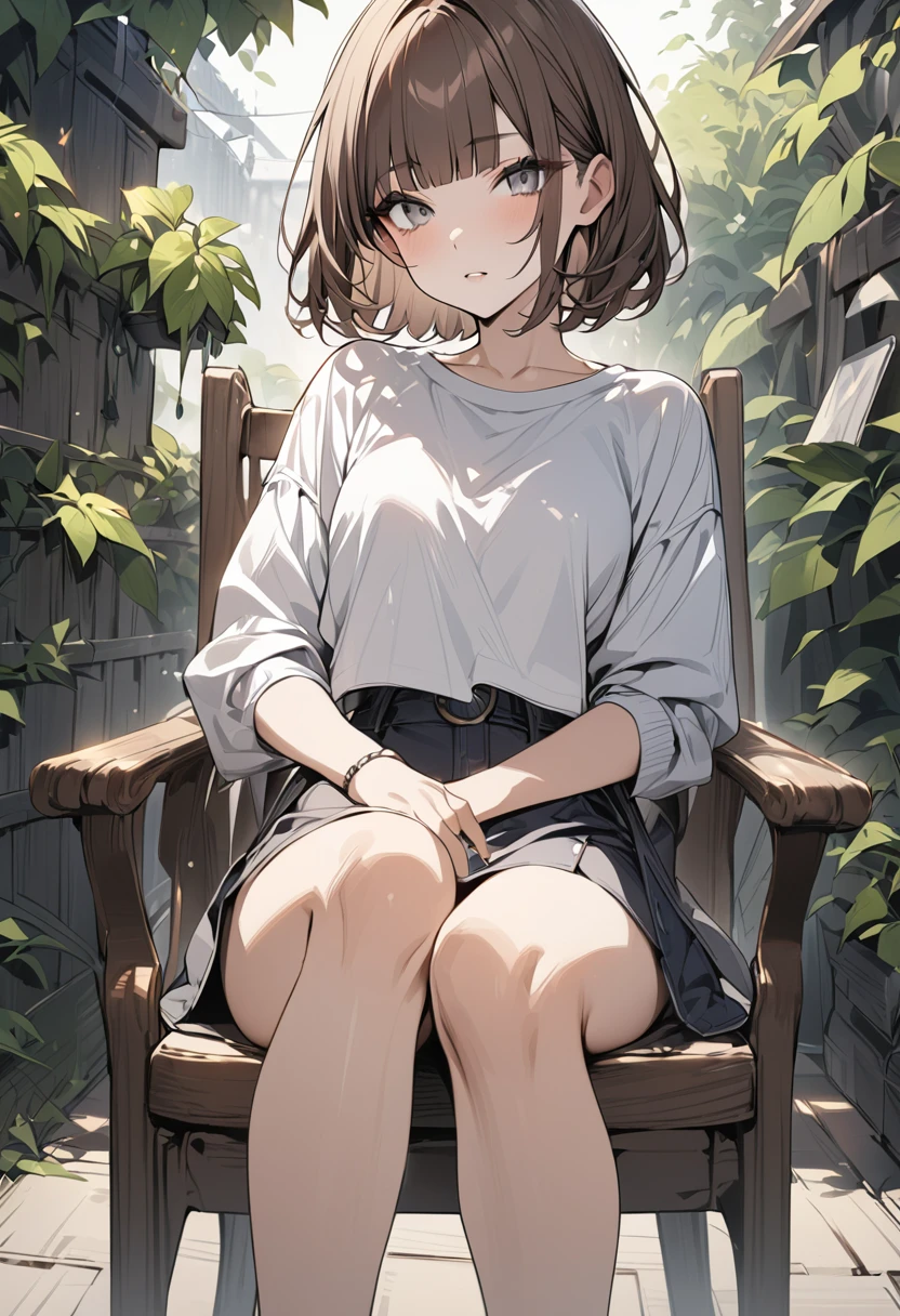 Highest quality masterpiece High resolution masterpiece Brown Hair short hair, blunt bangs Grey Eyes Casual clothing garden Sit on a chair