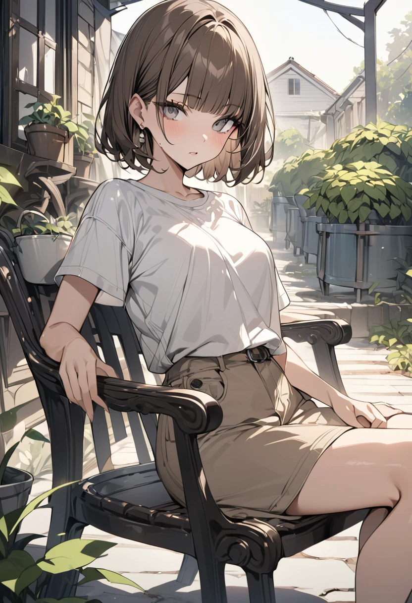 Highest quality　masterpiece　High resolution　masterpiece　Brown Hair　short hair, blunt bangs　Grey Eyes　Casual clothing　garden　Sit on a chair