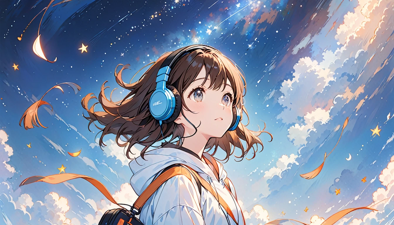 Girl wearing headphones,Brown Hair,1 person,bright,Music to listen to while looking up at the starry sky