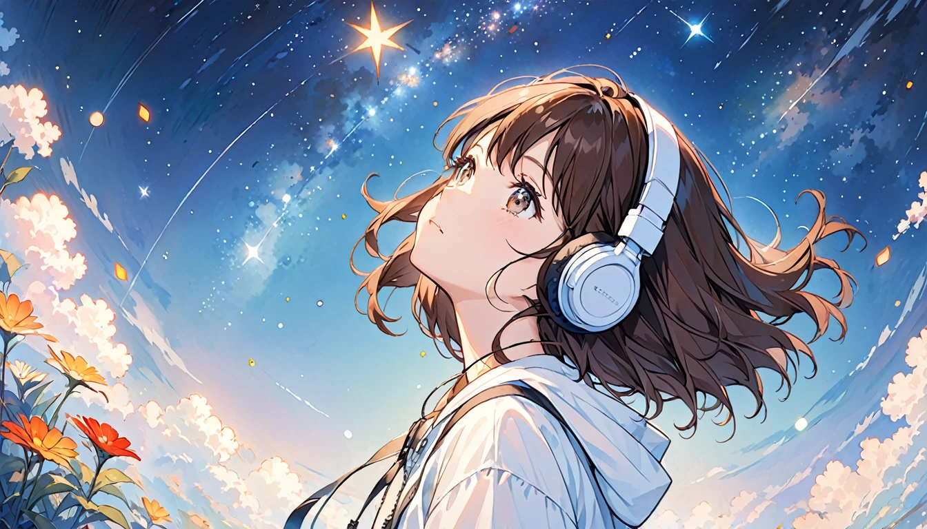 Girl wearing headphones,Brown Hair,1 person,bright,Music to listen to while looking up at the starry sky