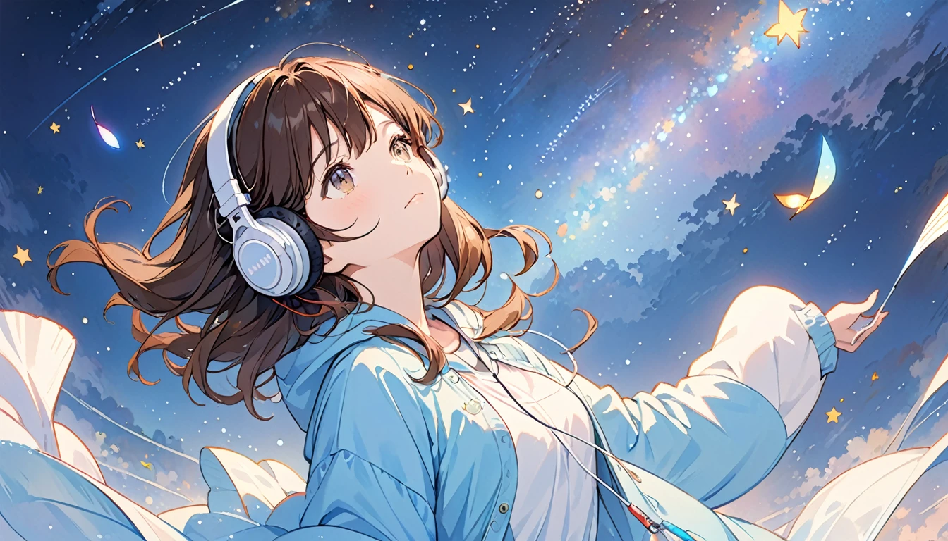 Girl wearing headphones,Brown Hair,1 person,bright,Music to listen to while looking up at the starry sky