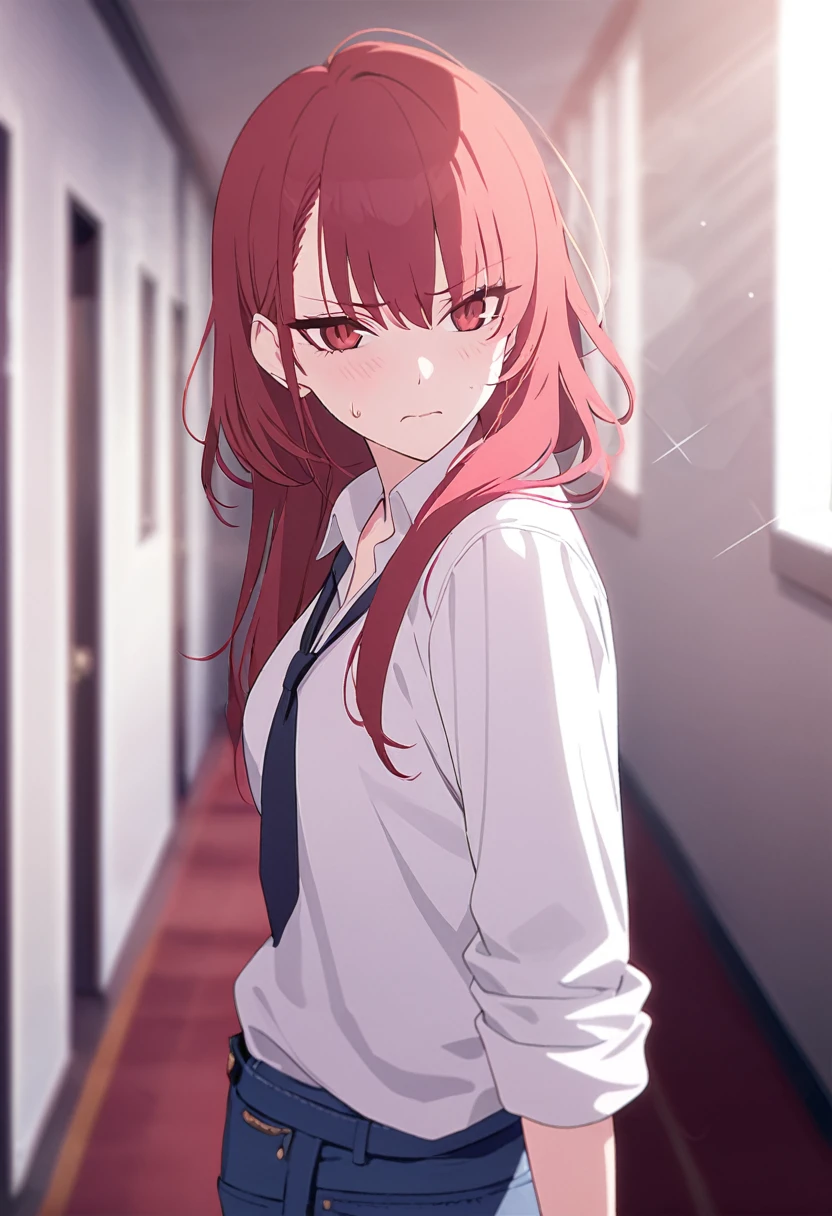 masterpiece,best quality,depth of field,8k,red hair,Red eyes,wseifuku,white shirt with nothing on,chic,(charismatic eyes 1:1),jeans,female,annoyed,alone,corridor,