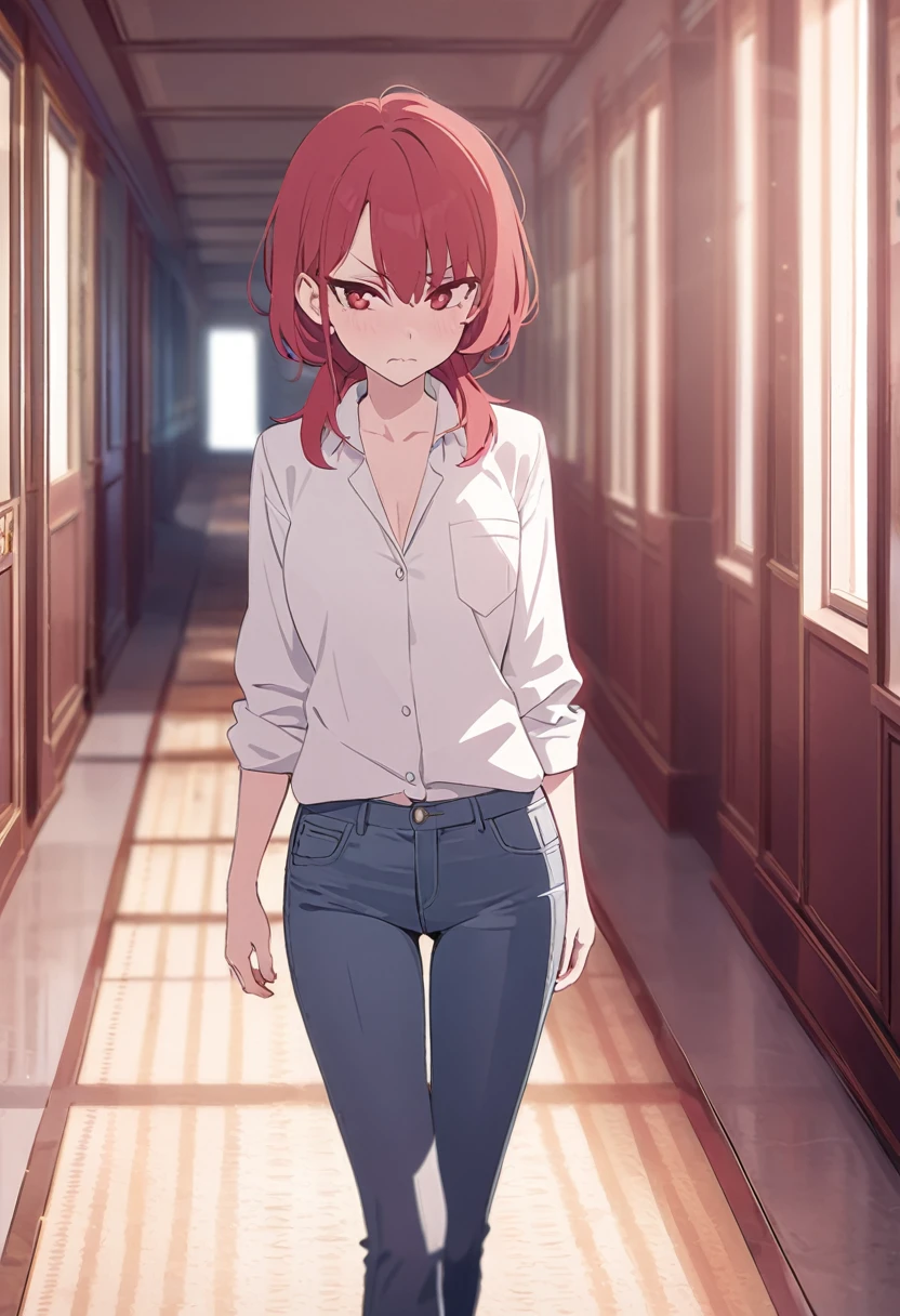masterpiece,best quality,depth of field,8k,red hair,Red eyes,wseifuku,white shirt with nothing on,chic,(charismatic eyes 1:1),jeans,female,annoyed,alone,corridor,