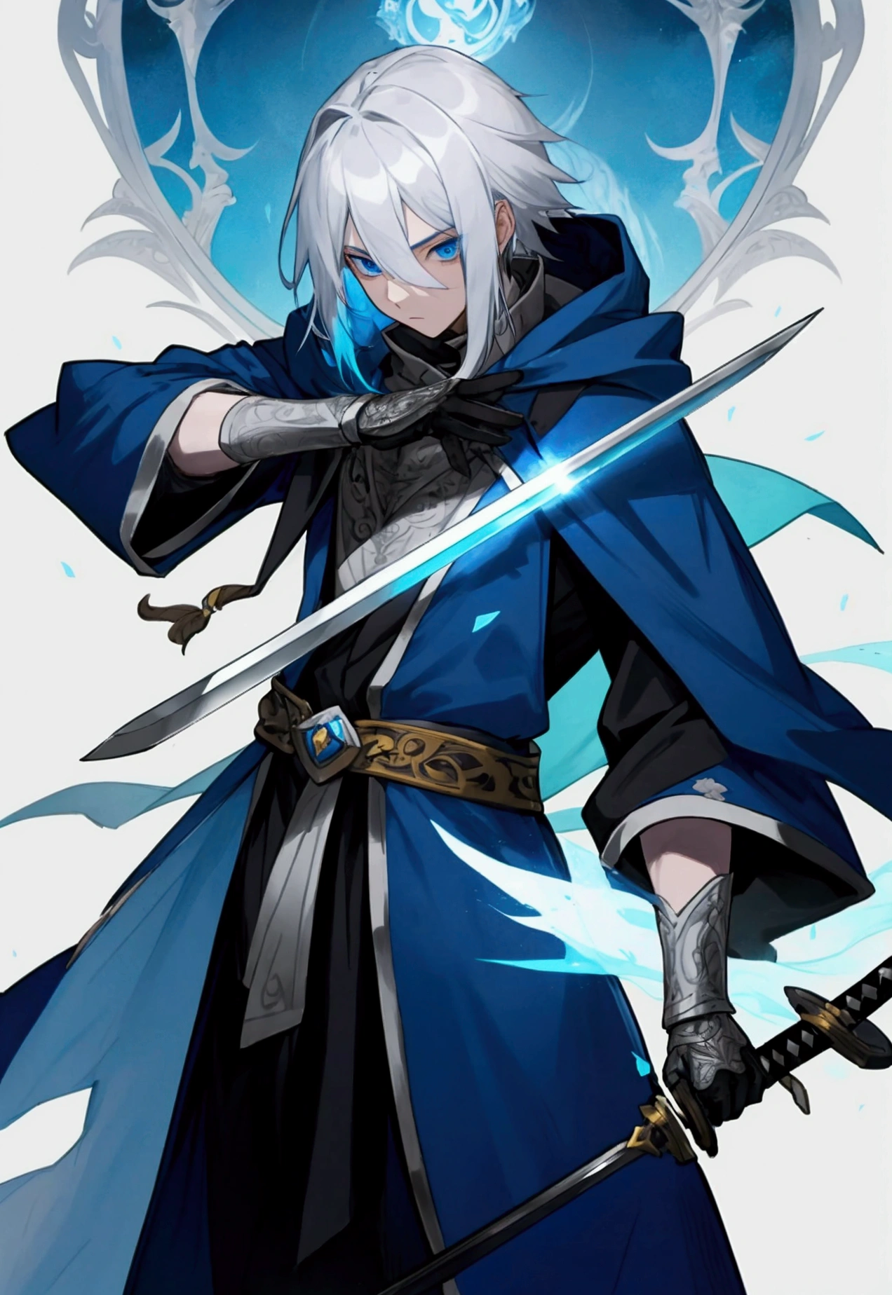 Wizard a young man, he has a silver hair and blue eyes, he wear a hood and wear gloves ,sword.