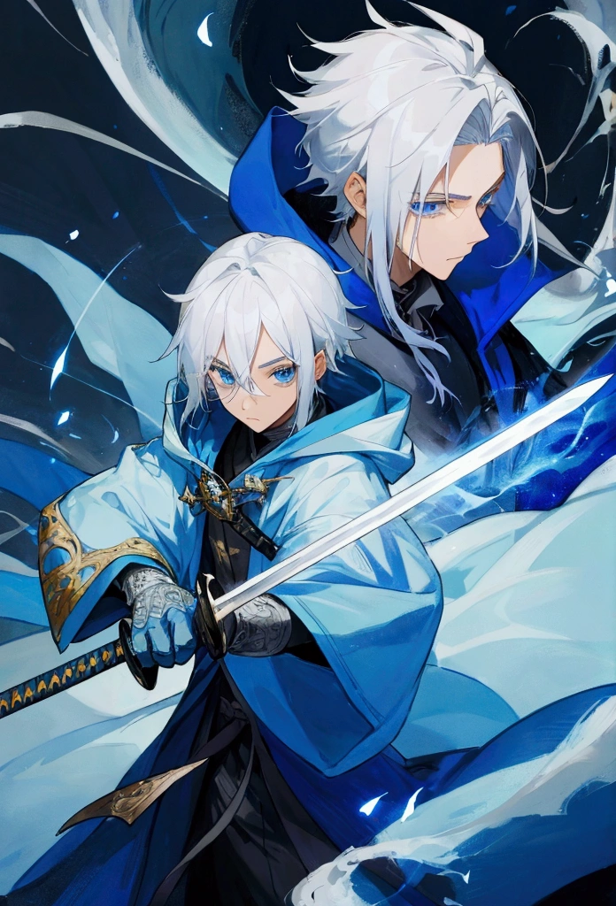 Wizard a young man, he has a silver hair and blue eyes, he wear a hood and wear gloves ,sword.