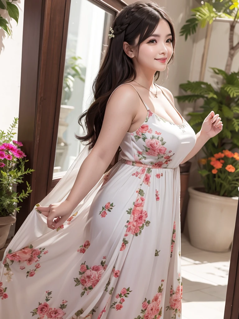 A beautiful and hot almost chubby mature woman.who is wearing a patterned short dress and is and standing in the resort. A smiling face、sexy woman、A radiant smile、adorable、race、Frills、Colorful design、Full-length mirror、An inviting gaze、Gorgeous long and beautiful hairstyle、variation Hairstyle、Open neck blouse、Alluring、Flower Garden、Sparkling、elegant princess、Full body description、１people。Front view