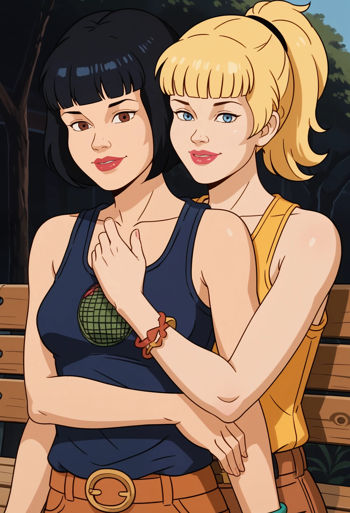 score_9, score_8, score_7, score_8_up, score_7_up, score_6_up, 2girls, (((xgix,black hair,bob cut,blunt bangs,brown eyes,lipstick,bracelet, tank top, belt, small breasts))), (((xlinkax, blonde hair, ponytail, blue eyes, medium breasts, tank top))),   standing, by wooden bench, light smile, front view , sunshine, hugging, looking on viewer, upper body, portrait,